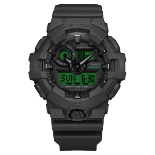 G-SHOCK GA700BEG-1A analog-digital watch with black resin case, electro green accents, and oversized dial.