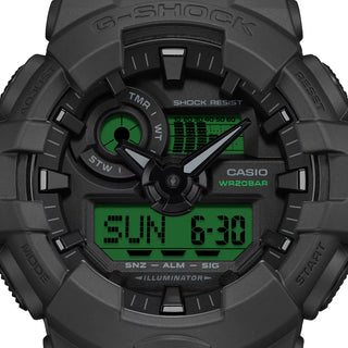 G-SHOCK GA700BEG-1A analog-digital watch with black resin case, electro green accents, and oversized dial.