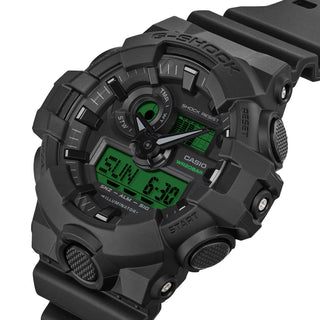 G-SHOCK GA700BEG-1A analog-digital watch with black resin case, electro green accents, and oversized dial.