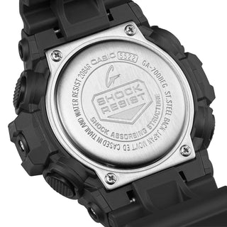 G-SHOCK GA700BEG-1A analog-digital watch with black resin case, electro green accents, and oversized dial.