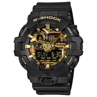 "G-Shock GA700CF-1A Bold Camo Gold Watch — large GA-700 bold case, raised bar indexes, black bezel and band, camo dial with gold vapor deposition watch hands"
