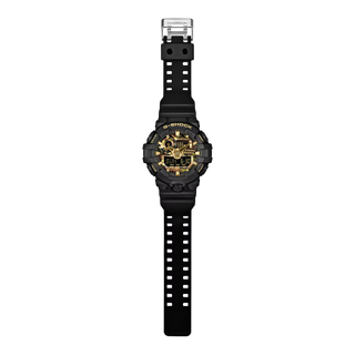 "G-Shock GA700CF-1A Bold Camo Gold Watch — large GA-700 bold case, raised bar indexes, black bezel and band, camo dial with gold vapor deposition watch hands"