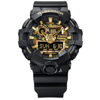 "G-Shock GA700CF-1A Bold Camo Gold Watch — large GA-700 bold case, raised bar indexes, black bezel and band, camo dial with gold vapor deposition watch hands"