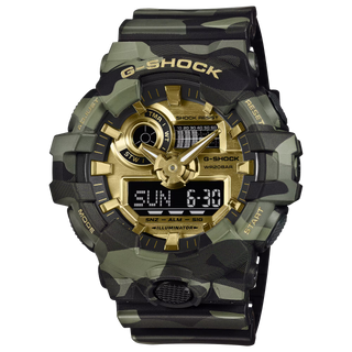 "G-Shock GA700CMG-3A Bold Camo Gold Watch — large GA-700 bold case, MAP printed camo bezel and band with hidden G-mark, gold vapor deposition dial and hands"
