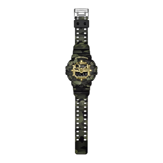 "G-Shock GA700CMG-3A Bold Camo Gold Watch — large GA-700 bold case, MAP printed camo bezel and band with hidden G-mark, gold vapor deposition dial and hands"