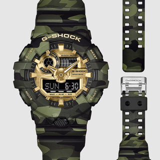 "G-Shock GA700CMG-3A Bold Camo Gold Watch — large GA-700 bold case, MAP printed camo bezel and band with hidden G-mark, gold vapor deposition dial and hands"