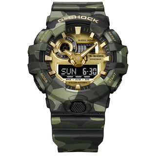 "G-Shock GA700CMG-3A Bold Camo Gold Watch — large GA-700 bold case, MAP printed camo bezel and band with hidden G-mark, gold vapor deposition dial and hands"