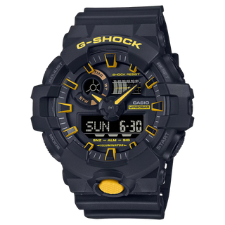 G-SHOCK GA-700CY-1A watch in bold black with vibrant yellow accents, embodying emergency rescue colors.