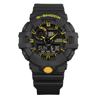 G-SHOCK GA-700CY-1A watch in bold black with vibrant yellow accents, embodying emergency rescue colors.