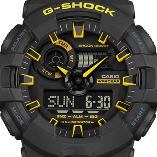 G-SHOCK GA-700CY-1A watch in bold black with vibrant yellow accents, embodying emergency rescue colors.