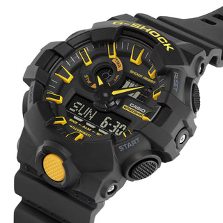 G-SHOCK GA-700CY-1A watch in bold black with vibrant yellow accents, embodying emergency rescue colors.