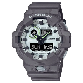 G-SHOCK GA700HD-8A watch, dark gray with luminescent parts and white accents, LED Super Illuminator.G-SHOCK DW6900HD-8 watch, dark gray with luminescent parts, LED Super Illuminator, resin band.
