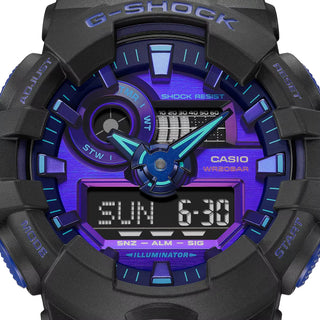 G-SHOCK GA700VB-1A, virtual reality-inspired design, black with blue violet accents, rugged, futuristic, durable.