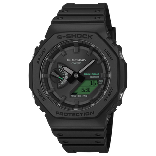 G-SHOCK GAB2100BEG-1A analog-digital watch with black octagonal case, electro green accents, and bio-based resin band.