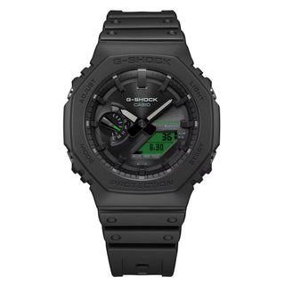 G-SHOCK GAB2100BEG-1A analog-digital watch with black octagonal case, electro green accents, and bio-based resin band.
