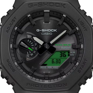 G-SHOCK GAB2100BEG-1A analog-digital watch with black octagonal case, electro green accents, and bio-based resin band.
