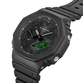 G-SHOCK GAB2100BEG-1A analog-digital watch with black octagonal case, electro green accents, and bio-based resin band.