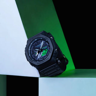 G-SHOCK GAB2100BEG-1A analog-digital watch with black octagonal case, electro green accents, and bio-based resin band.