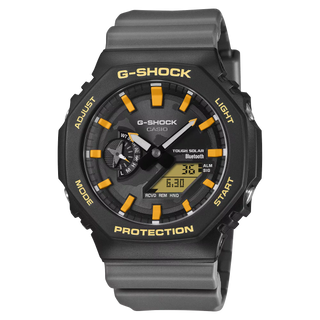 Black and orange G-Shock GAB2100DF-1A watch with Galápagos-inspired details, octagonal case, and bold yellow accents.