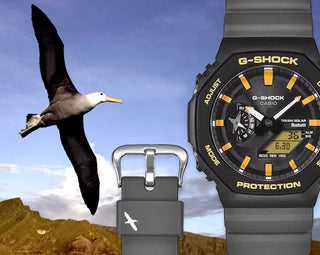 Black and orange G-Shock GAB2100DF-1A watch with Galápagos-inspired details, octagonal case, and bold yellow accents.