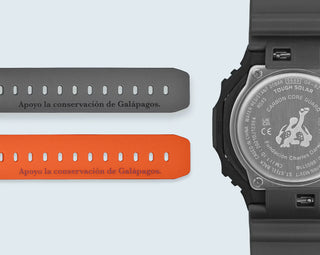 Black and orange G-Shock GAB2100DF-1A watch with Galápagos-inspired details, octagonal case, and bold yellow accents.