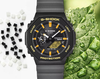 Black and orange G-Shock GAB2100DF-1A watch with Galápagos-inspired details, octagonal case, and bold yellow accents.
