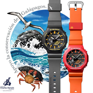 Black and red-orange G-Shock GAB2100DF-4A watch with crab-inspired accents, octagonal case, and Galápagos island dial graphic.