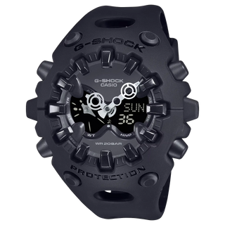 G-SHOCK GAV01-1A matte black watch with organic cool eyes openwork dial, spherical glass with polished indices, magnetic hand technology, and resin bezel and band