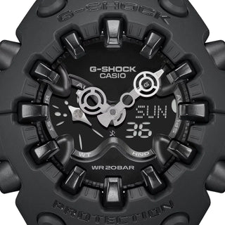 G-SHOCK GAV01-1A matte black watch with organic cool eyes openwork dial, spherical glass with polished indices, magnetic hand technology, and resin bezel and band