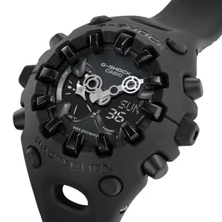 G-SHOCK GAV01-1A matte black watch with organic cool eyes openwork dial, spherical glass with polished indices, magnetic hand technology, and resin bezel and band