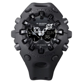 G-SHOCK GAV01-1A matte black watch with organic cool eyes openwork dial, spherical glass with polished indices, magnetic hand technology, and resin bezel and band