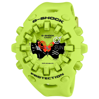 G-SHOCK GAV01-9A bright yellow watch with cool eyes openwork dial, spherical resin bezel and band, indices outside spherical glass, and Super Illuminator double LED