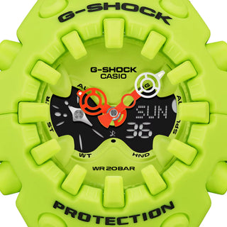 G-SHOCK GAV01-9A bright yellow watch with cool eyes openwork dial, spherical resin bezel and band, indices outside spherical glass, and Super Illuminator double LED