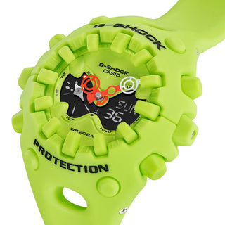 G-SHOCK GAV01-9A bright yellow watch with cool eyes openwork dial, spherical resin bezel and band, indices outside spherical glass, and Super Illuminator double LED