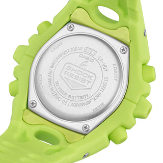 G-SHOCK GAV01-9A bright yellow watch with cool eyes openwork dial, spherical resin bezel and band, indices outside spherical glass, and Super Illuminator double LED