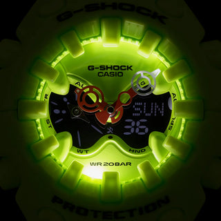 G-SHOCK GAV01-9A bright yellow watch with cool eyes openwork dial, spherical resin bezel and band, indices outside spherical glass, and Super Illuminator double LED