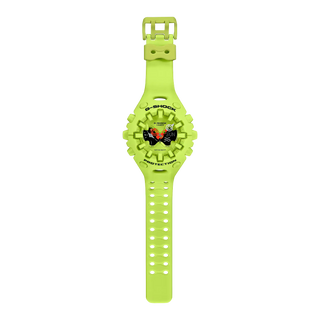 G-SHOCK GAV01-9A bright yellow watch with cool eyes openwork dial, spherical resin bezel and band, indices outside spherical glass, and Super Illuminator double LED