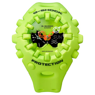 G-SHOCK GAV01-9A bright yellow watch with cool eyes openwork dial, spherical resin bezel and band, indices outside spherical glass, and Super Illuminator double LED
