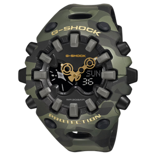 "G-Shock GAV01CMG-3A Bold Camo Gold Watch — large GA-V01 case, MAP printed camo bezel and band with hidden G-mark, first camo MAP technique on a GAV01 timepiece"