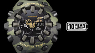 "G-Shock GAV01CMG-3A Bold Camo Gold Watch — large GA-V01 case, MAP printed camo bezel and band with hidden G-mark, first camo MAP technique on a GAV01 timepiece"