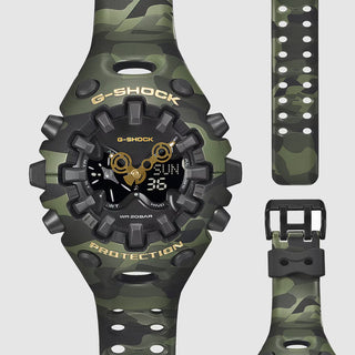 "G-Shock GAV01CMG-3A Bold Camo Gold Watch — large GA-V01 case, MAP printed camo bezel and band with hidden G-mark, first camo MAP technique on a GAV01 timepiece"