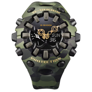 "G-Shock GAV01CMG-3A Bold Camo Gold Watch — large GA-V01 case, MAP printed camo bezel and band with hidden G-mark, first camo MAP technique on a GAV01 timepiece"