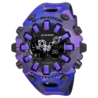 "G-Shock GAV01CMG-6A Bold Camo Watch — large GA-V01 case, MAP printed camo bezel and band with hidden G-mark, available in vivid purple and bright pink.