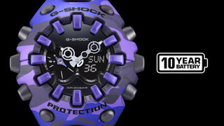 "G-Shock GAV01CMG-6A Bold Camo Watch — large GA-V01 case, MAP printed camo bezel and band with hidden G-mark, available in vivid purple and bright pink.