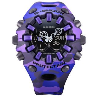 "G-Shock GAV01CMG-6A Bold Camo Watch — large GA-V01 case, MAP printed camo bezel and band with hidden G-mark, available in vivid purple and bright pink.