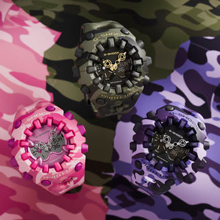 "G-Shock GAV01CMG-6A Bold Camo Watch — large GA-V01 case, MAP printed camo bezel and band with hidden G-mark, available in vivid purple and bright pink.