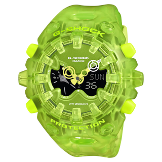 G-SHOCK GAV01SKE-3A Analog-Digital Watch in translucent Green — Y2K-inspired design with integrated bezel, Shock Release Hand magnetic minute hand, full-screen LCD, metallic openwork dial, and 10-year battery life.