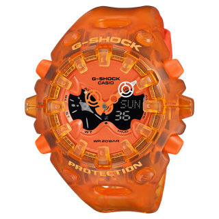 G-SHOCK GAV01SKE-4A Analog-Digital Watch in translucent Orange — Y2K-inspired design with integrated bezel, Shock Release Hand magnetic minute hand, full-screen LCD, metallic openwork dial, and 10-year battery life.