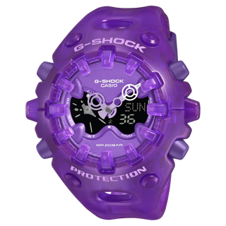 G-SHOCK GAV01SKE-6A Analog-Digital Watch in translucent Purple — Y2K-inspired design with integrated bezel, Shock Release Hand magnetic minute hand, full-screen LCD, metallic openwork dial, and 10-year battery life.
