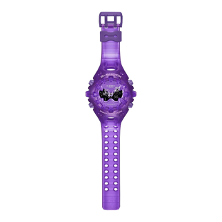 G-SHOCK GAV01SKE-6A Analog-Digital Watch in translucent Purple — Y2K-inspired design with integrated bezel, Shock Release Hand magnetic minute hand, full-screen LCD, metallic openwork dial, and 10-year battery life.